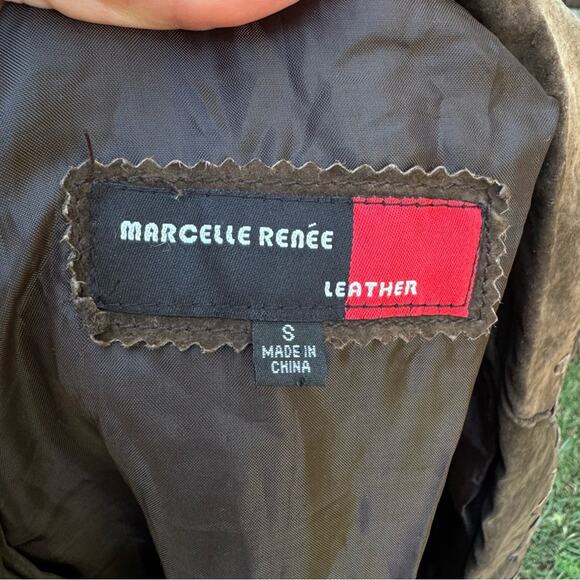 Vtg Y2K Marcelle Renee Brown Suede Leather Whipstitch Trench Coat Women's Small - Picture 15 of 16